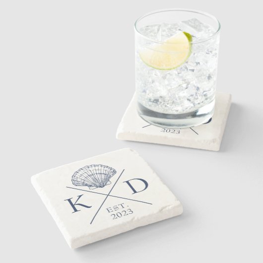 Nautical Monogram Shell Navy Stone Onderzetter (Zijkant)