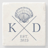Nautical Monogram Shell Navy Stone Onderzetter (Voorkant)