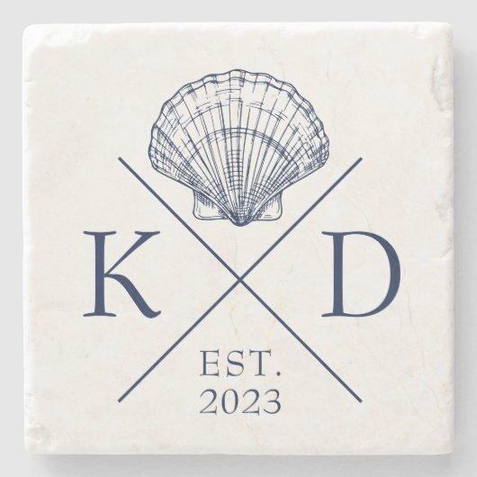 Nautical Monogram Shell Navy Stone Onderzetter (Voorkant)