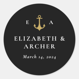 Nautical Monogram Weddenschap Black Ronde Sticker