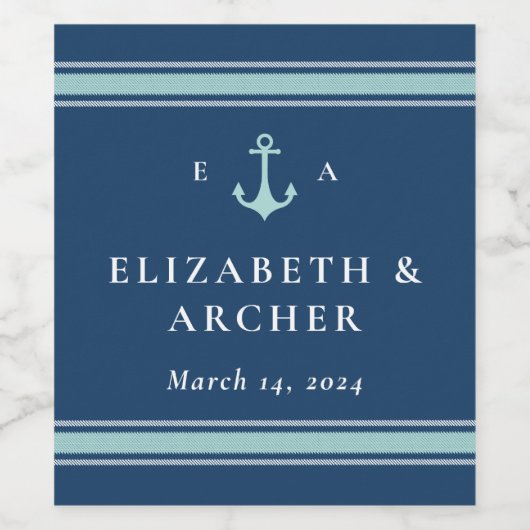 Nautical Monogram Weddenschap Navy Blue Wijn Etiket (Enkel label)