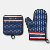 Nautical Monogrammed Navy Blue Red Anchor Ovenwant & Pannenlap Set (Voorkant)