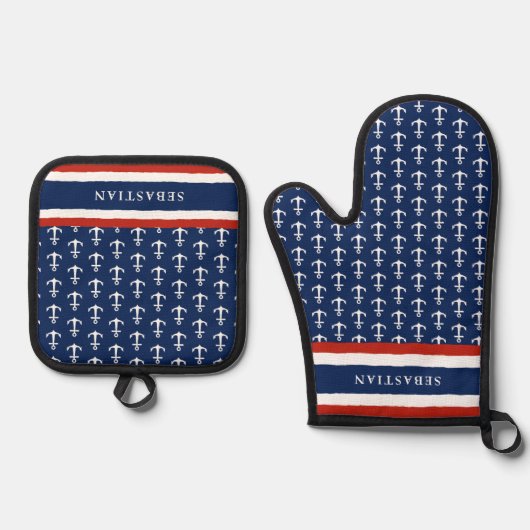 Nautical Monogrammed Navy Blue Red Anchor Ovenwant & Pannenlap Set (Voorkant)