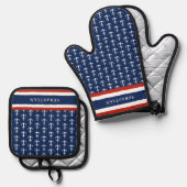 Nautical Monogrammed Navy Blue Red Anchor Ovenwant & Pannenlap Set (Voorkant / Achterkant)