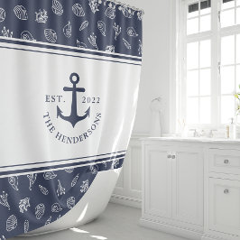 Nautical Monogrammed White Navy Blue Anchor Douchegordijn