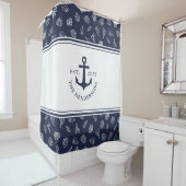 Nautical Monogrammed White Navy Blue Anchor Douchegordijn (In situ)