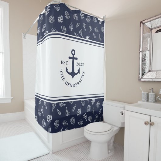 Nautical Monogrammed White Navy Blue Anchor Douchegordijn (In situ)