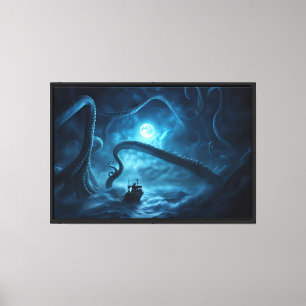 Nautical Monster Kraken Vissende boot dramatisch Canvas Afdruk