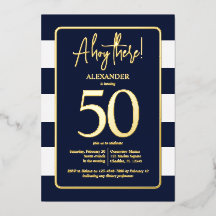 Nautical Navy 50e Verjaardagsfeest Folie Uitnodigi