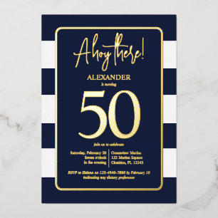 Nautical Navy 50th Birthday Party Folie Invitation Uitnodiging
