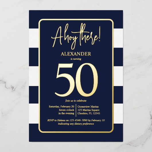 Nautical Navy 50th Birthday Party Folie Invitation Uitnodiging (Voorkant)