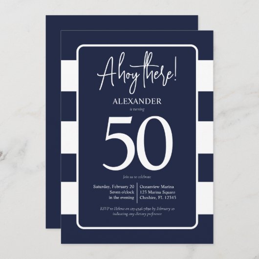 Nautical Navy 50th Birthday Party-uitnodiging Kaart (Voorkant / Achterkant)