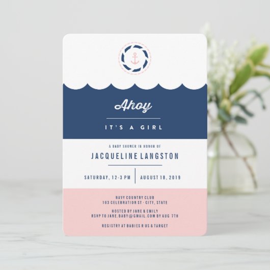 Nautical Navy Ahoy Het is een meisje Baby shower n Kaart (Staand voorkant)