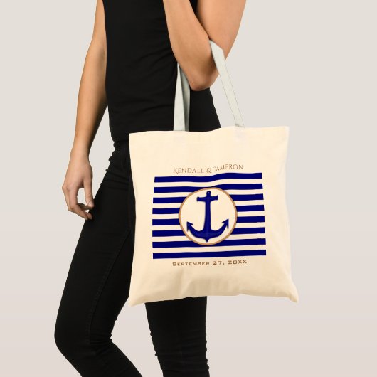 Nautical Navy Anchor and Stripes Wedding Gift Bag Tote Bag (Voorkant (product))