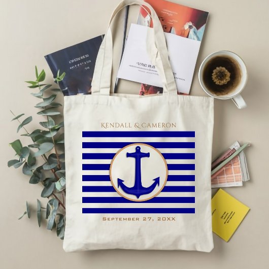 Nautical Navy Anchor and Stripes Wedding Gift Bag Tote Bag