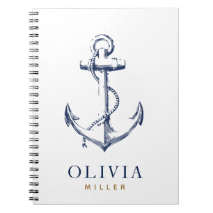 Nautical Navy Anchor Blue Gold Monogram Notitieboek