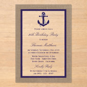 Nautical Navy Anchor Burlap Beach Birthday Party Acryl Uitnodigingen (Voorkant)
