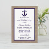 Nautical Navy Anchor Burlap Beach Birthday Party Kaart (Staand voorkant)