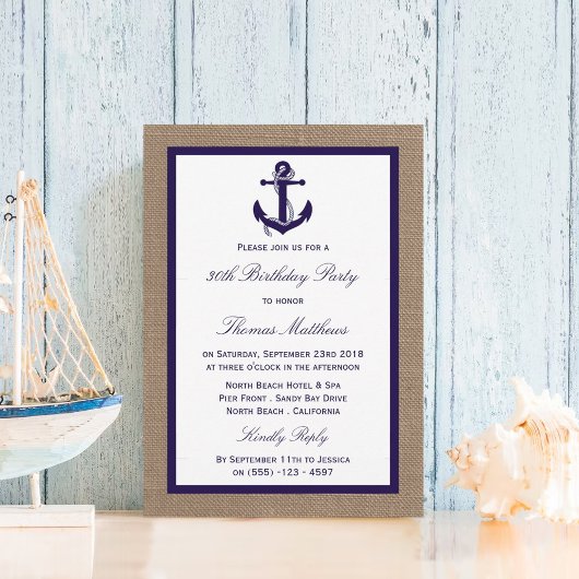 Nautical Navy Anchor Burlap Beach Birthday Party Kaart