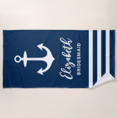 Nautical Navy Anchor Custom Bridesmaid Name Strandlaken (Voorkant)