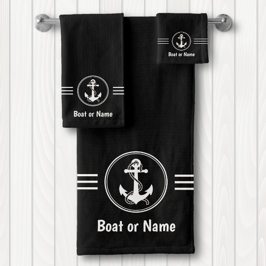 Nautical Navy Anchor en Rope Your Boat Name Bad Handdoek