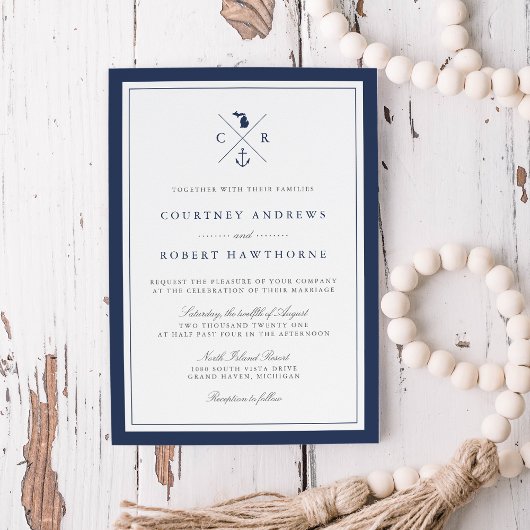 Nautical Navy Anchor Monogram Michigan Wedding Kaart
