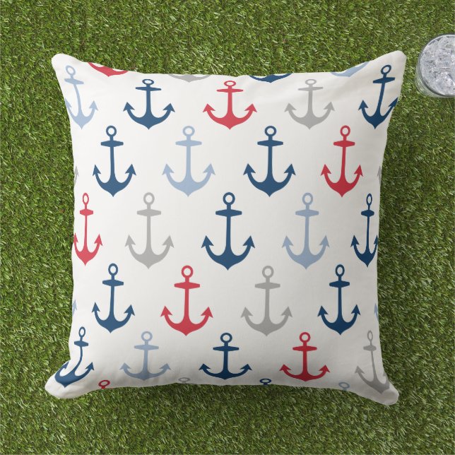 Nautical Navy Anchor Pattern Red White en Blue Buitenkussen (Gras)