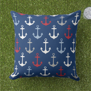 Nautical Navy Anchor Pattern Red White en Blue Buitenkussen