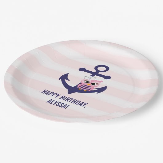 Nautical Navy Anchor Pink Owl and Stripes Birthday Papieren Bordje (Gekanteld)