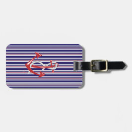 Nautical Navy Anchor, Red, Blue Stripes Bagagelabel