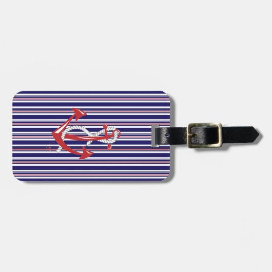 Nautical Navy Anchor, Red, Blue Stripes Bagagelabel (Voorkant horizontaal)