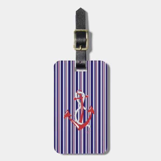 Nautical Navy Anchor, Red, Blue Stripes Bagagelabel (Voorkant verticaal)