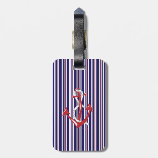 Nautical Navy Anchor, Red, Blue Stripes Bagagelabel (Achterkant verticaal)