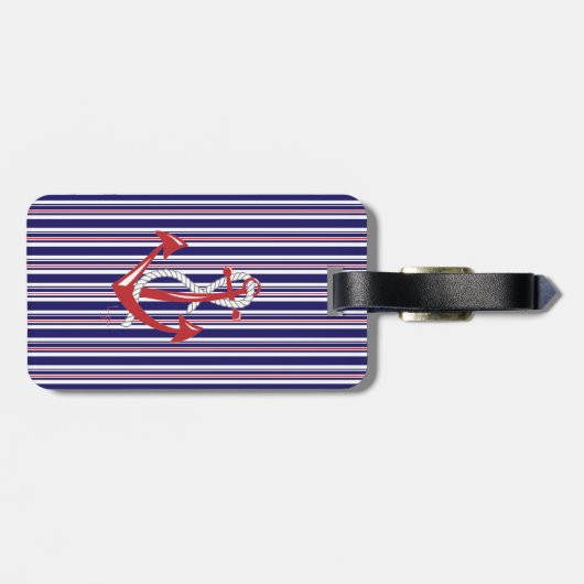 Nautical Navy Anchor, Red, Blue Stripes Bagagelabel (Achterkant horizontaal)