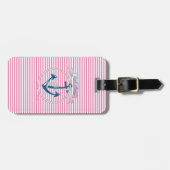 Nautical Navy Anchor, Roze, Blue Stripes Bag Label Bagagelabel (Voorkant horizontaal)