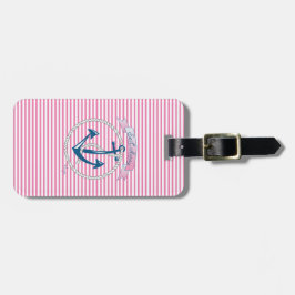 Nautical Navy Anchor, Roze, Blue Stripes Bag Label Bagagelabel