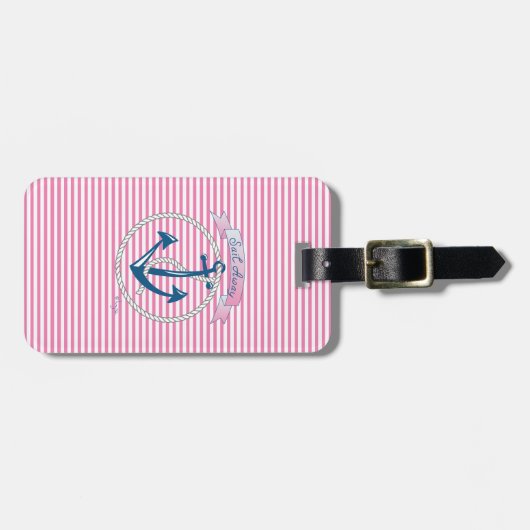 Nautical Navy Anchor, Roze, Blue Stripes Bag Label Bagagelabel (Voorkant horizontaal)