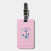 Nautical Navy Anchor, Roze, Blue Stripes Bag Label Bagagelabel (Voorkant verticaal)