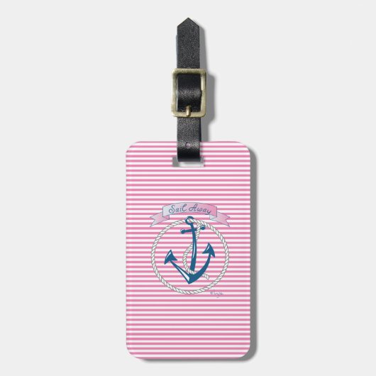 Nautical Navy Anchor, Roze, Blue Stripes Bag Label Bagagelabel (Voorkant verticaal)