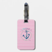 Nautical Navy Anchor, Roze, Blue Stripes Bag Label Bagagelabel (Achterkant verticaal)