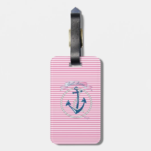 Nautical Navy Anchor, Roze, Blue Stripes Bag Label Bagagelabel (Achterkant verticaal)