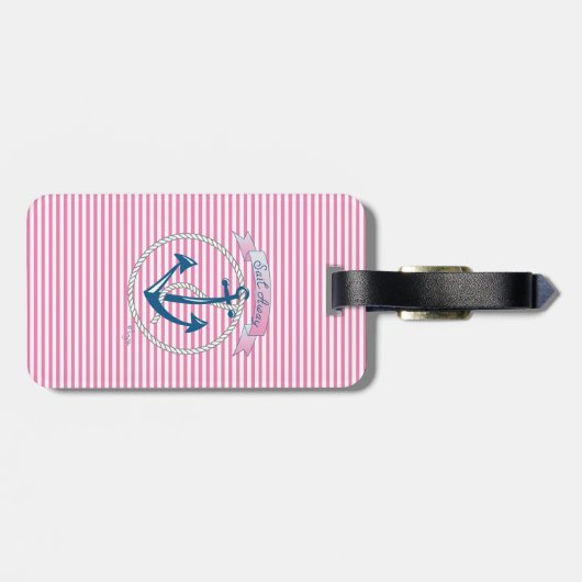 Nautical Navy Anchor, Roze, Blue Stripes Bag Label Bagagelabel (Achterkant horizontaal)