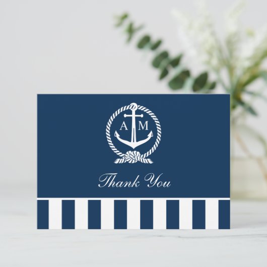 Nautical Navy Anchor Stripes Wedding Monogram Bedankkaart (Staand voorkant)