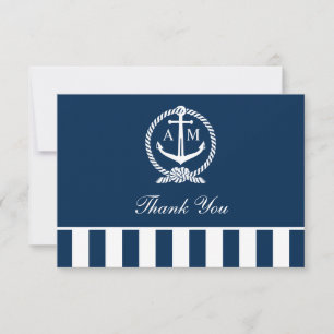 Nautical Navy Anchor Stripes Wedding Monogram Bedankkaart