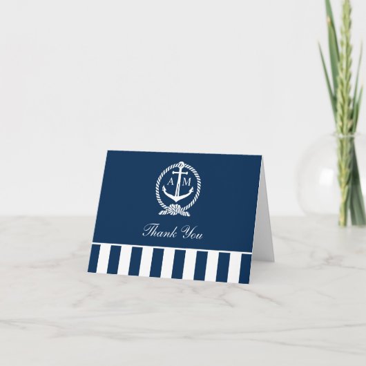Nautical Navy Anchor Stripes Wedding Monogram Bedankkaart (Voorkant)