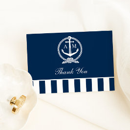 Nautical Navy Anchor Stripes Wedding Monogram Bedankkaart
