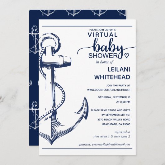 Nautical Navy Anchor Virtual Baby shower Kaart (Voorkant / Achterkant)