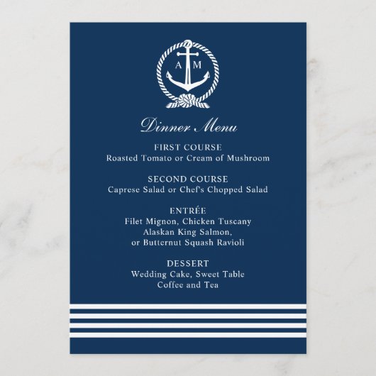 Nautical Navy Anchor Wedding Monogram Dinner Menu (Voorkant)