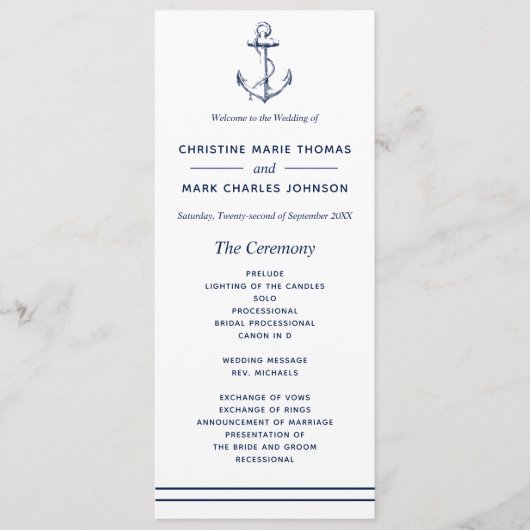 Nautical Navy Anchor Wedding Programmakaart (Voorkant)