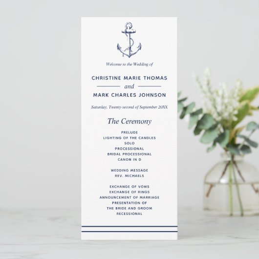 Nautical Navy Anchor Wedding Programmakaart (Staand voorkant)